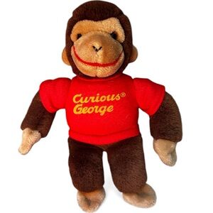 Vintage Curious George Stuffed Animal with Red Shirt and Brown Fur